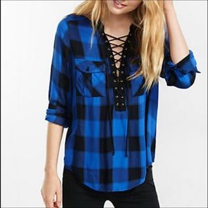 Express Sexy Lace Up Electric Blue Plaid Top Shirt